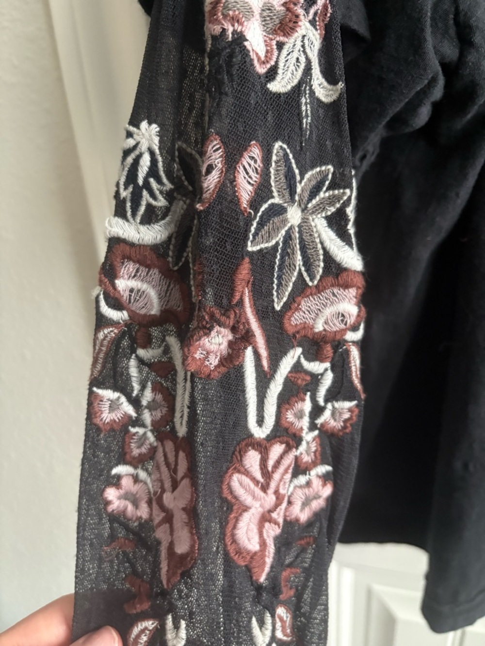 Free People Black Tee with Embroidered Floral Lace Sleeves - Picture 5 of 6